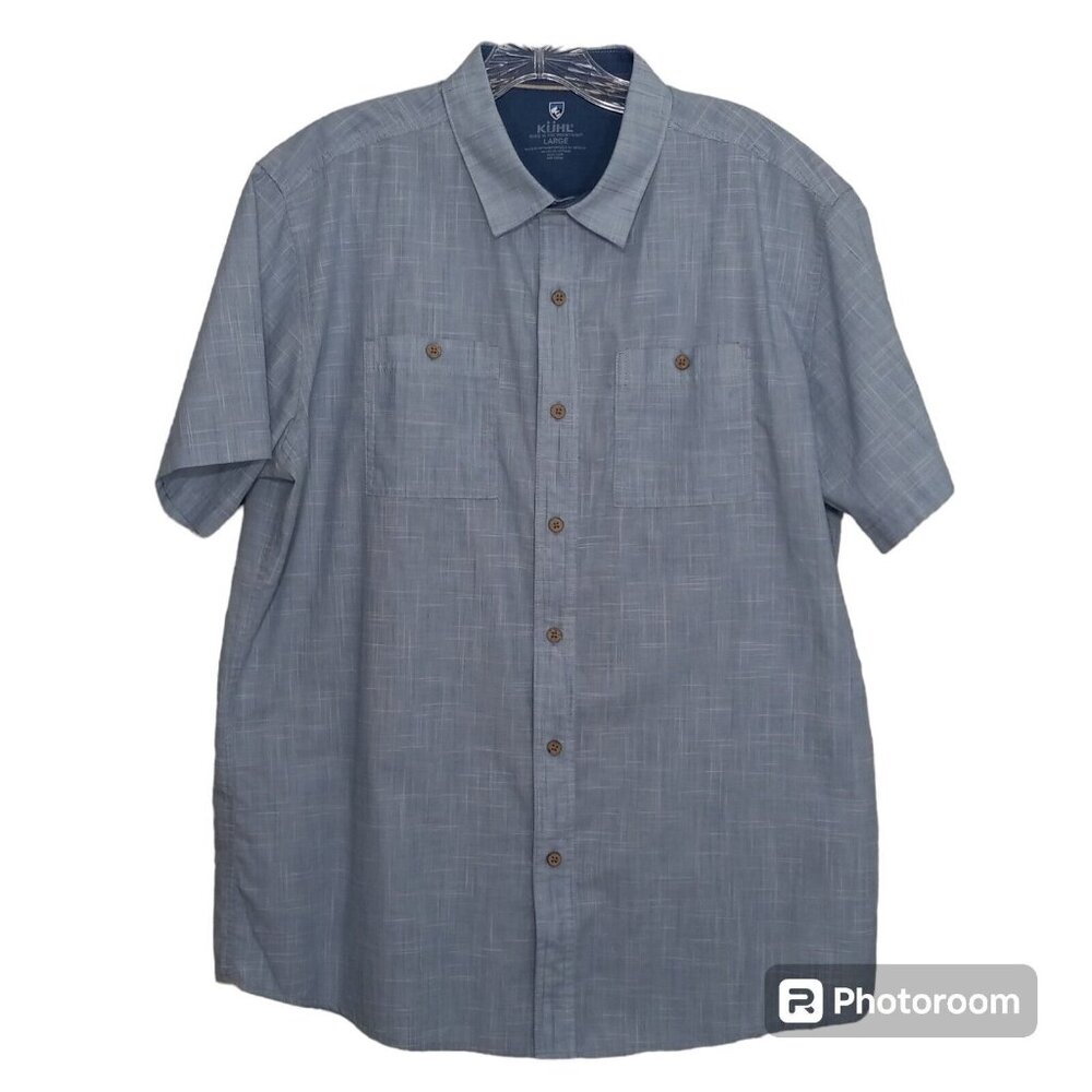 KUHL Shirt Men's Size L Blue Short Sleeve Button Down Hiking Camp Gorpcore